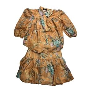 ALAMIA Women's Coral Floral Print Button Down Blouse and Tiered Skirt Set Size L